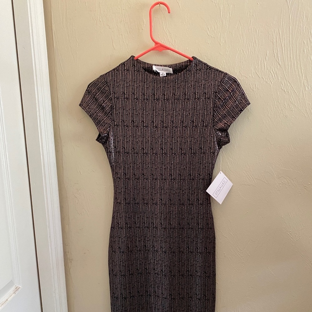 Midi black & metallic rose gold fitted dress